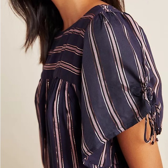 By Anthropologie Navy & Metallic Striped Tie Short Sleeve Peasant Blouse Top - Picture 4 of 15